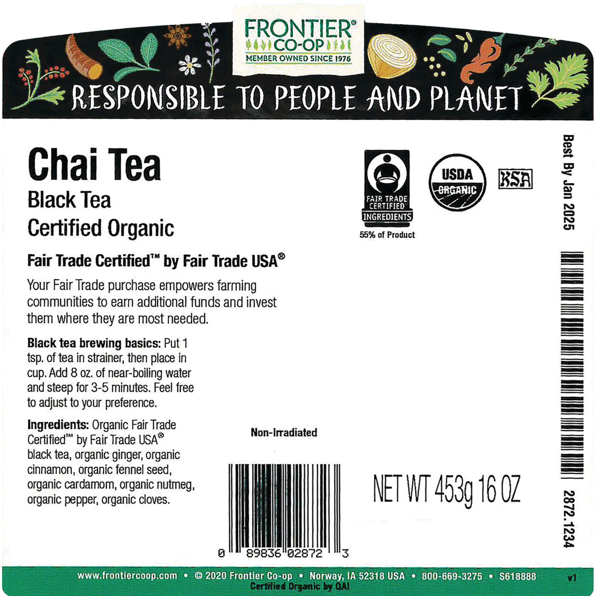 FNP029 | Back label of Frontier Co-op Chai Tea with brewing instructions, ingredients, certifications, and NET WT 453g 16 OZ