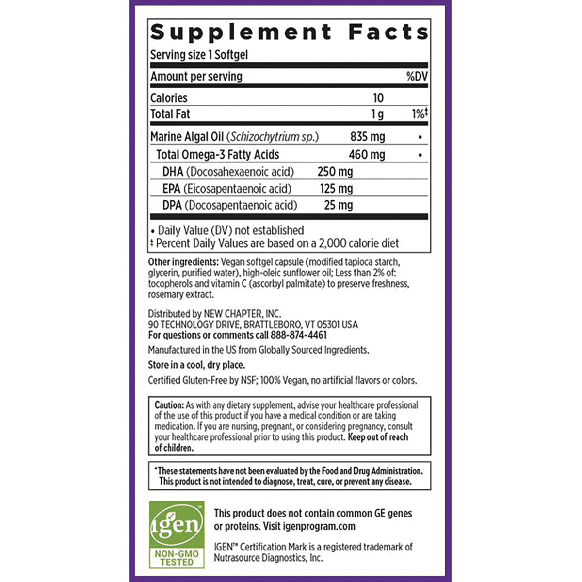 NWC371 | Supplement Facts back panel showing serving size, omega-3 amounts, ingredients, cautions and certifications