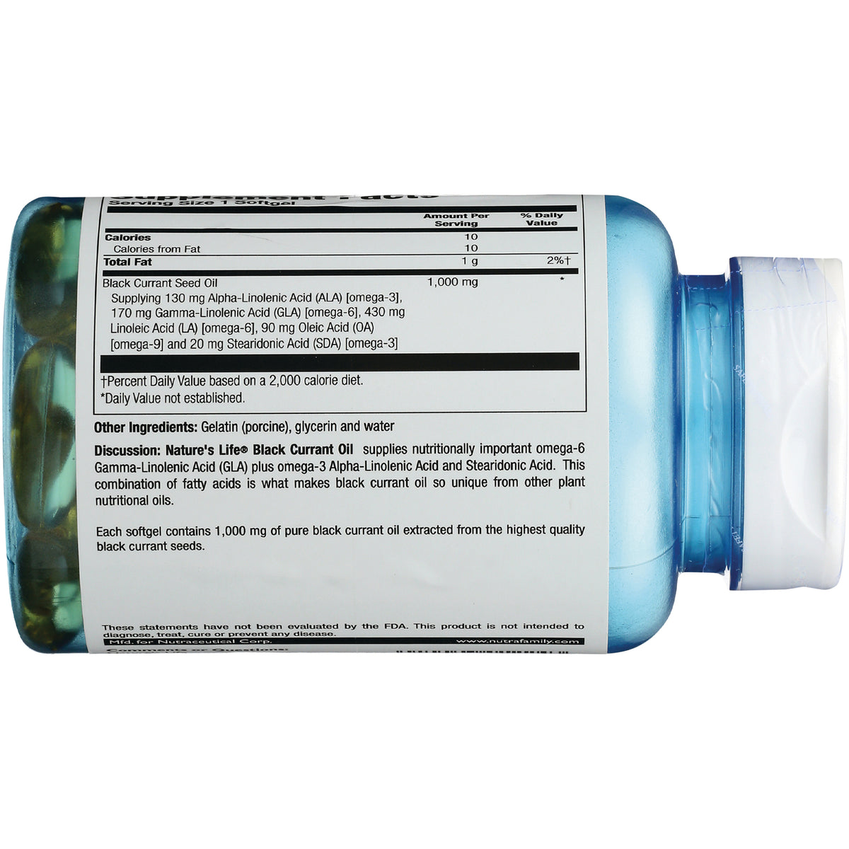 HS025 | back label showing supplement facts and ingredients for black currant oil softgels on a blue bottle