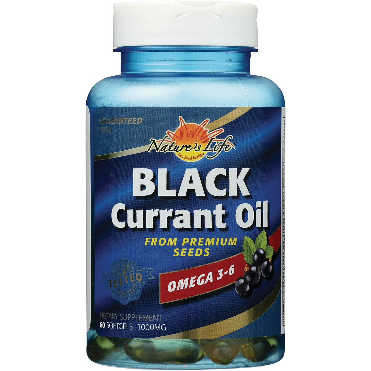 HS025 | Nature's Life Black Currant Oil bottle, 60 softgels 1000mg, Omega 3-6 front label