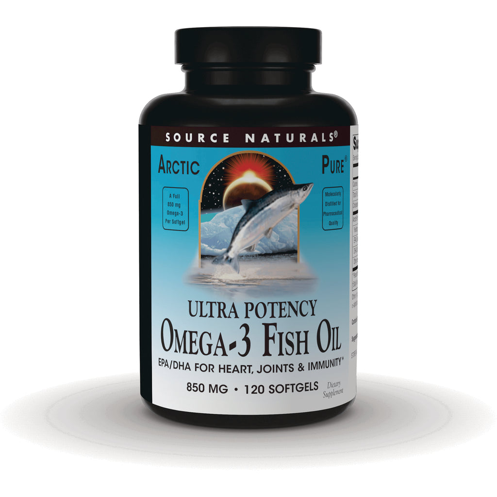 SN192 | Source Naturals Ultra Potency Omega-3 Fish Oil bottle front label, 850 mg 120 softgels - Thumbnail