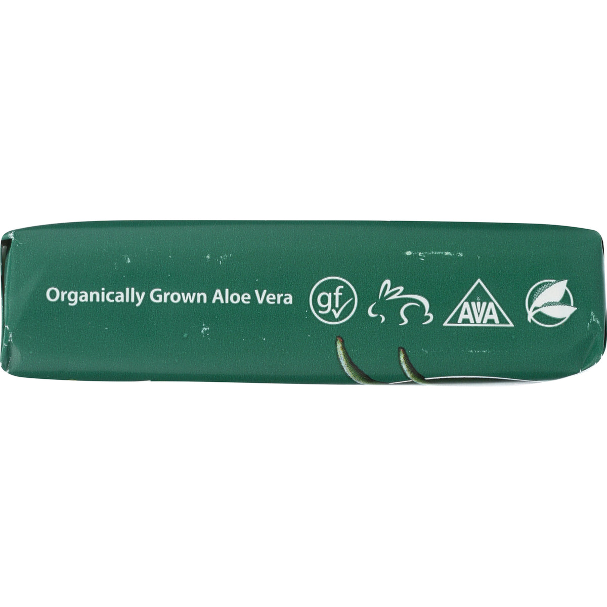 RA008 | green product side showing text Organically Grown Aloe Vera and certification icons (gluten free, cruelty free, AVA, leaf)