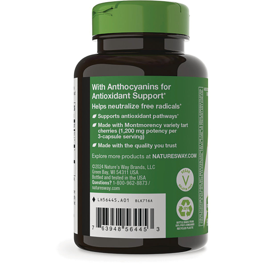 ET436 | Back of brown supplement bottle with green label reading With Anthocyanins for Antioxidant Support, barcode and vegan and recycling icons - Thumbnail