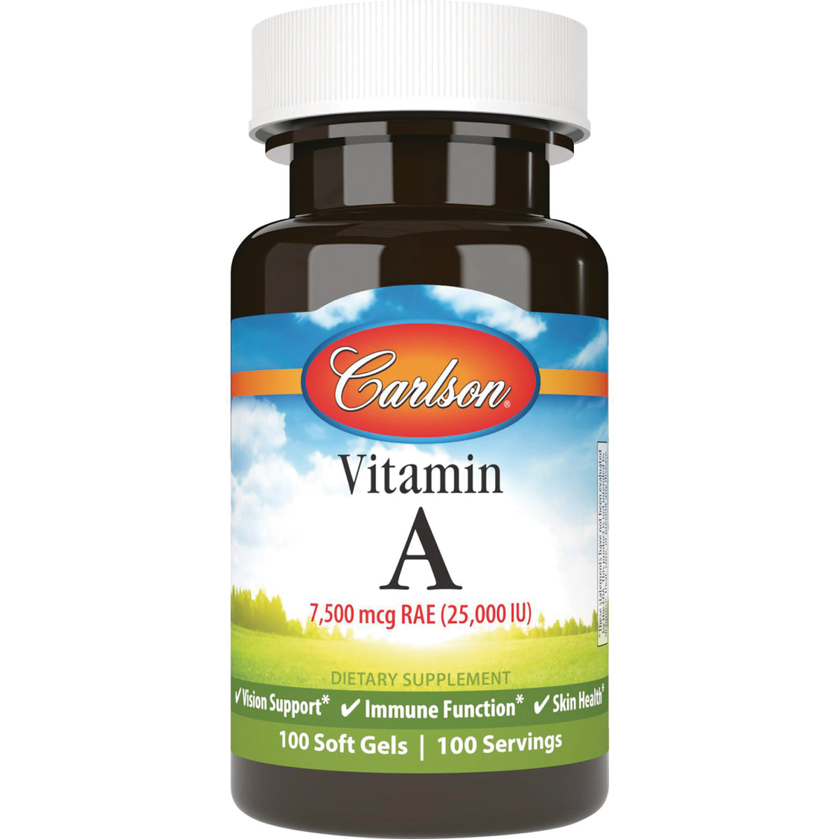 CSN154 | Carlson Vitamin A softgel bottle, 7,500 mcg RAE (25,000 IU), 100 soft gels