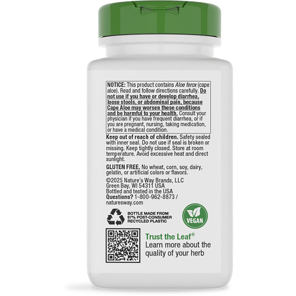 NW108 | Back label of brown supplement bottle with green cap showing Relieves Occasional Constipation text, ingredient panel and barcode - Thumbnail