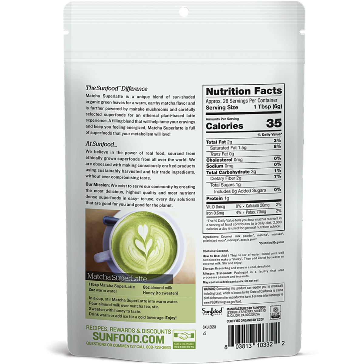 SNF024 | Back of Sunfood Matcha SuperLatte pouch with Nutrition Facts, ingredients, and prep instructions