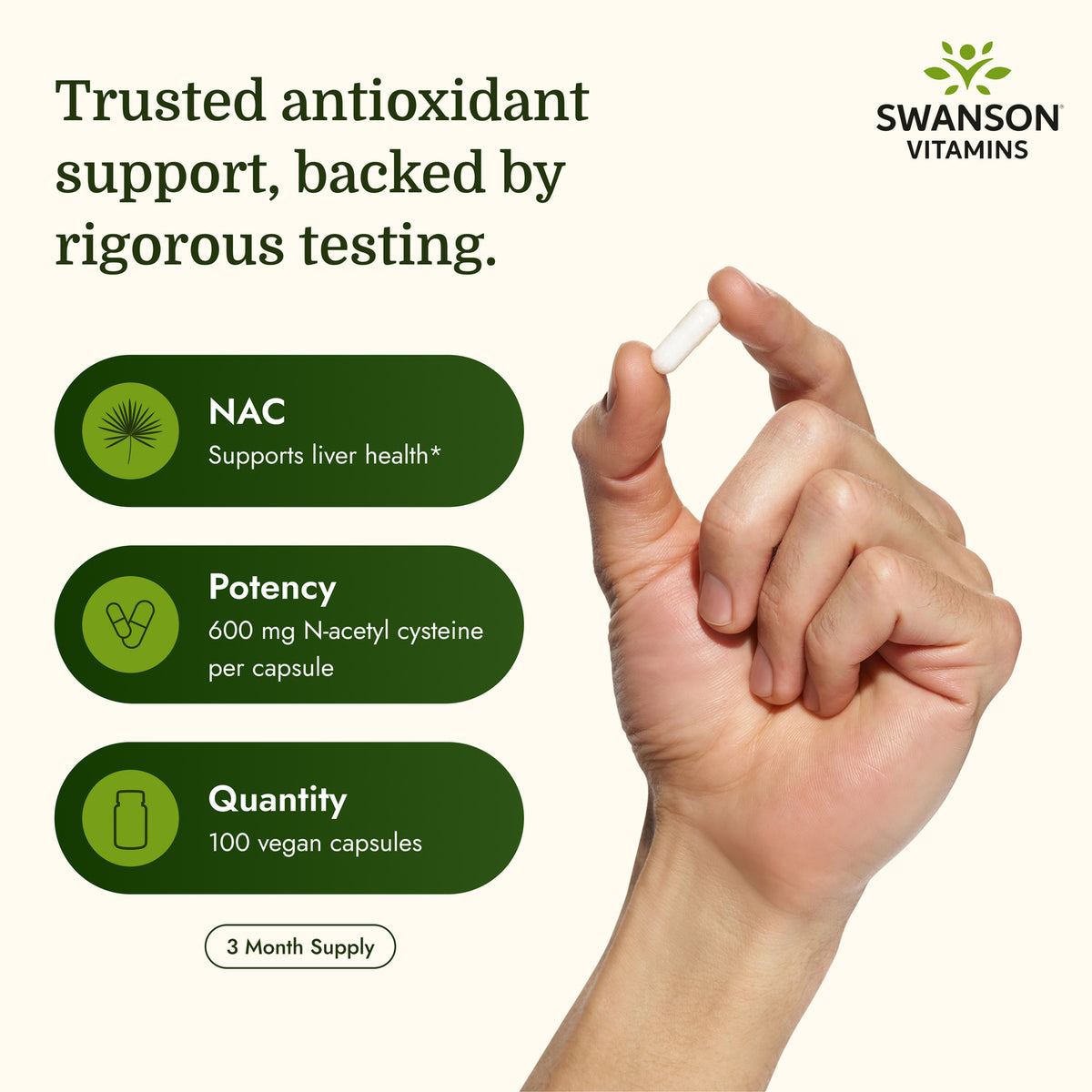SW854 | NAC infographic highlighting rigorous testing, 600 mg per capsule, and 100 vegan capsules