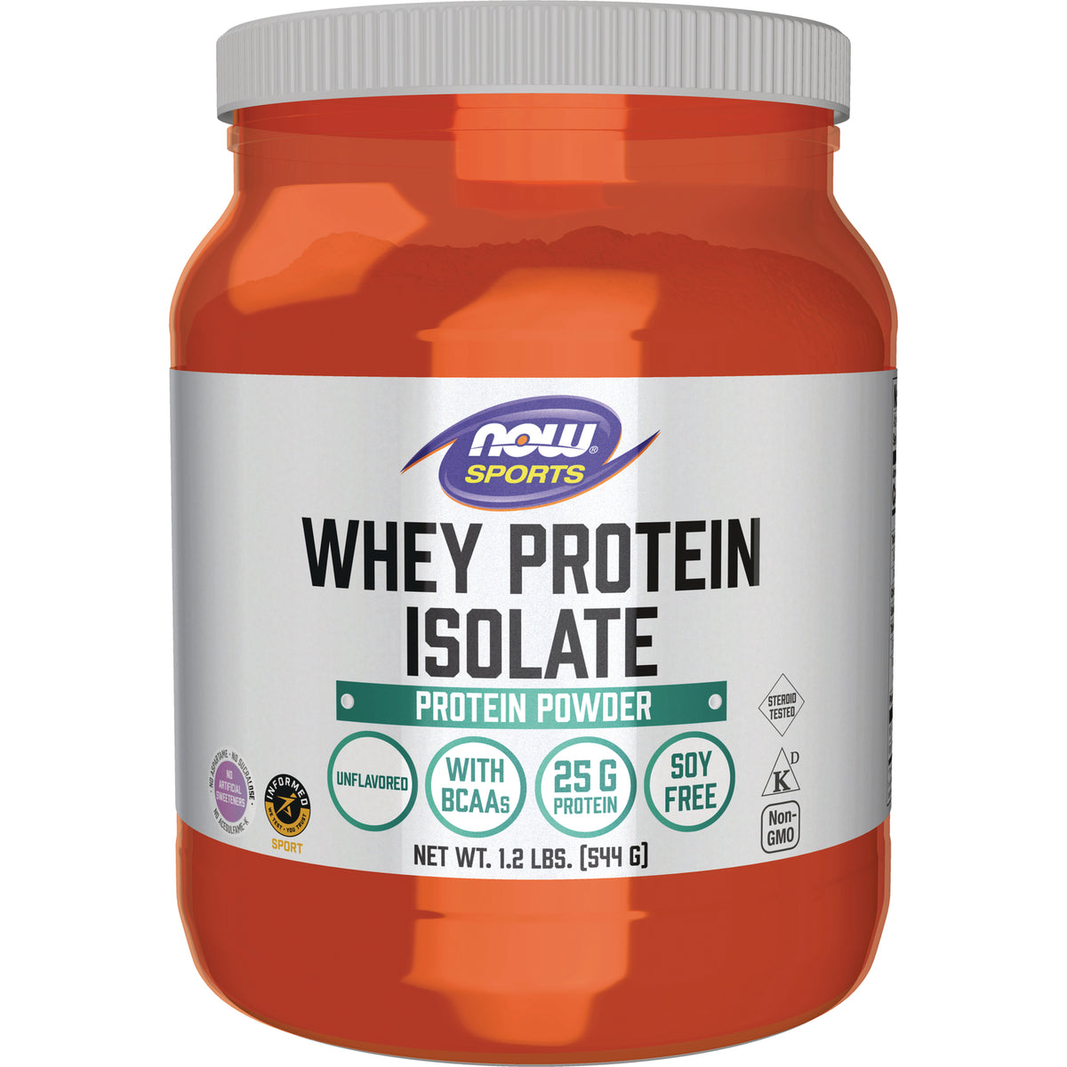 NWF916 | NOW Sports orange tub of Whey Protein Isolate protein powder, unflavored, 1.2 lbs (544 g)