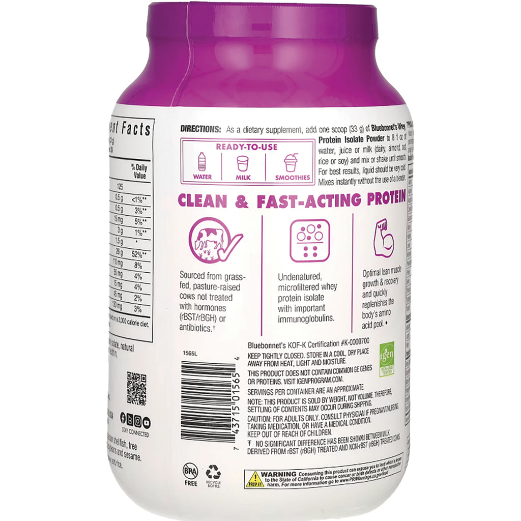 BLU133 | Back label of protein powder tub labeled CLEAN & FAST-ACTING PROTEIN with icons, directions, and ingredient text - Thumbnail