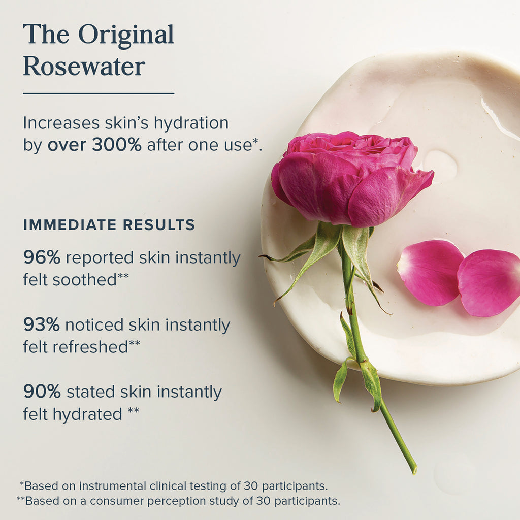 The Original Rosewater product infographic stating over 300% hydration and 96%90% immediate results with a pink rose on a dish - Thumbnail