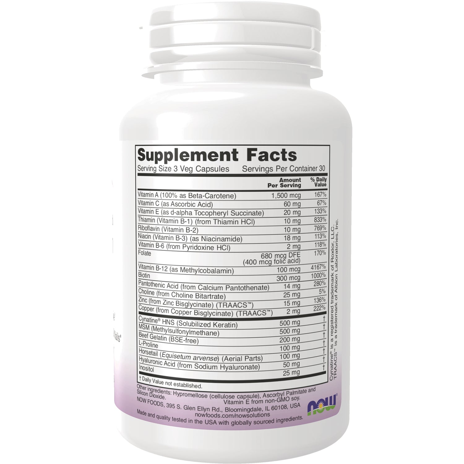 NWF1187 | Back label showing Supplement Facts panel and ingredient amounts on white supplement bottle