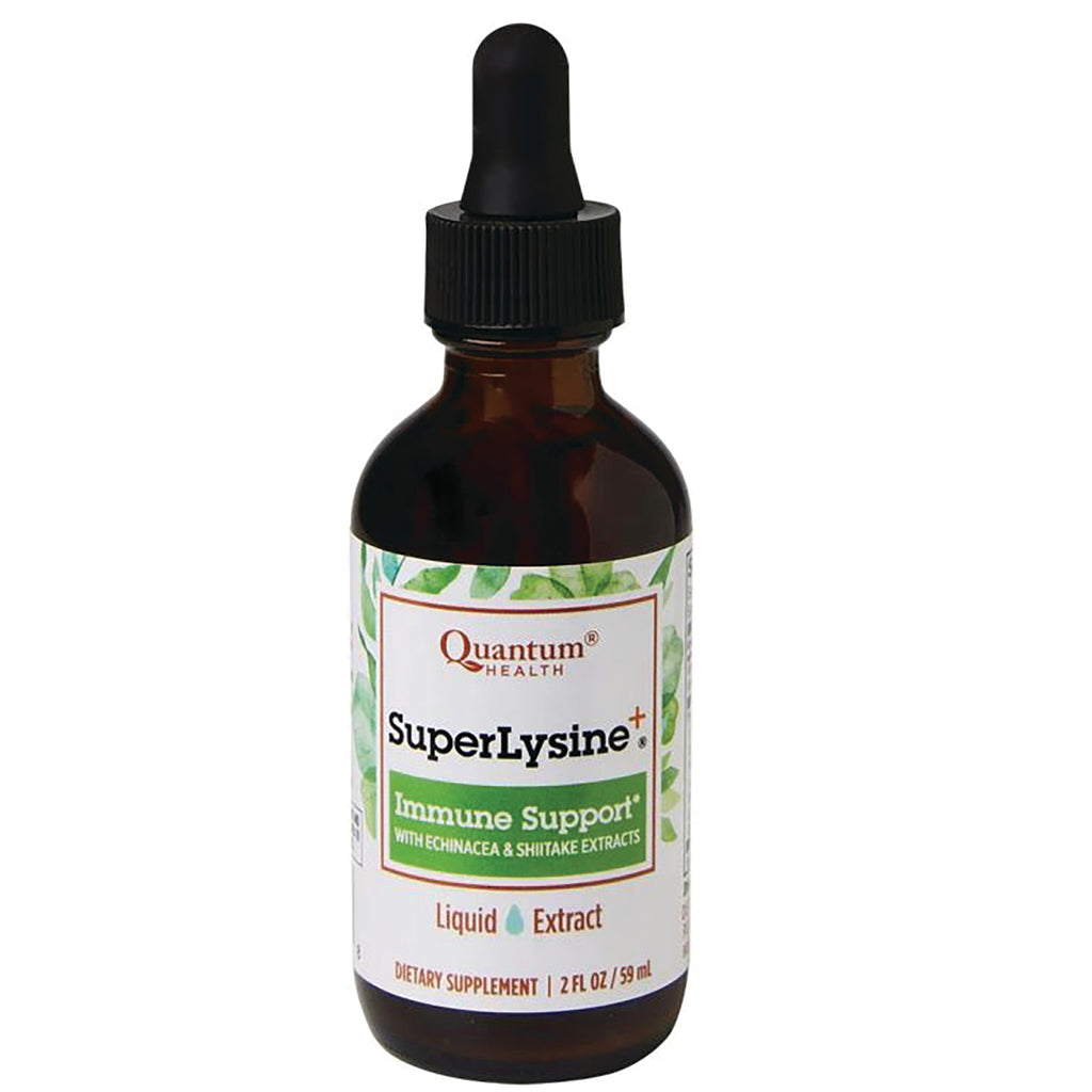 QU053 | Brown glass dropper bottle labeled Quantum Health SuperLysine+ Immune Support liquid extract 2 fl oz - Thumbnail
