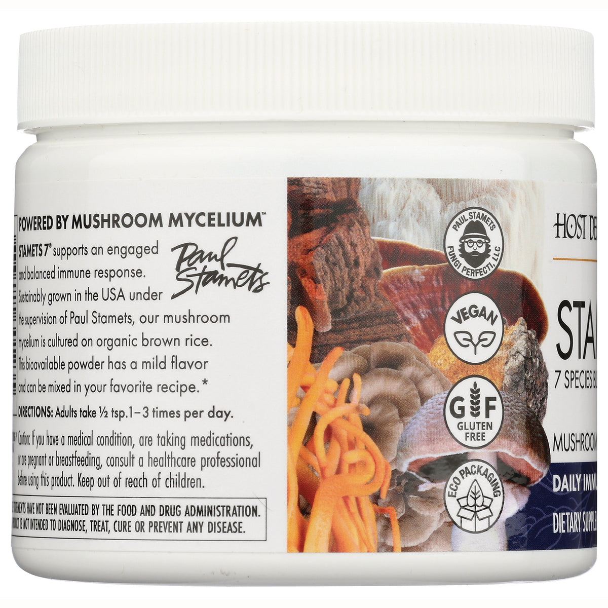 FUN048 | Jar label infographic showing Powered by MUSHROOM MYCELIUM text, mushroom images, and vegan, gluten free, eco packaging icons