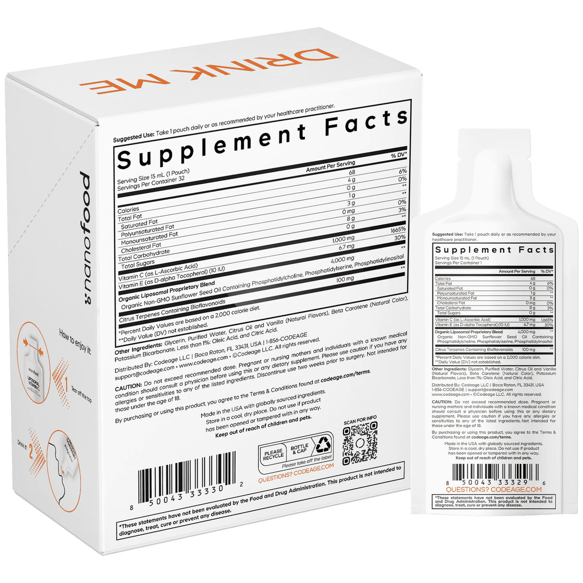 CDG069 | Back of white product box and pouch showing Supplement Facts panel, ingredients, and barcode