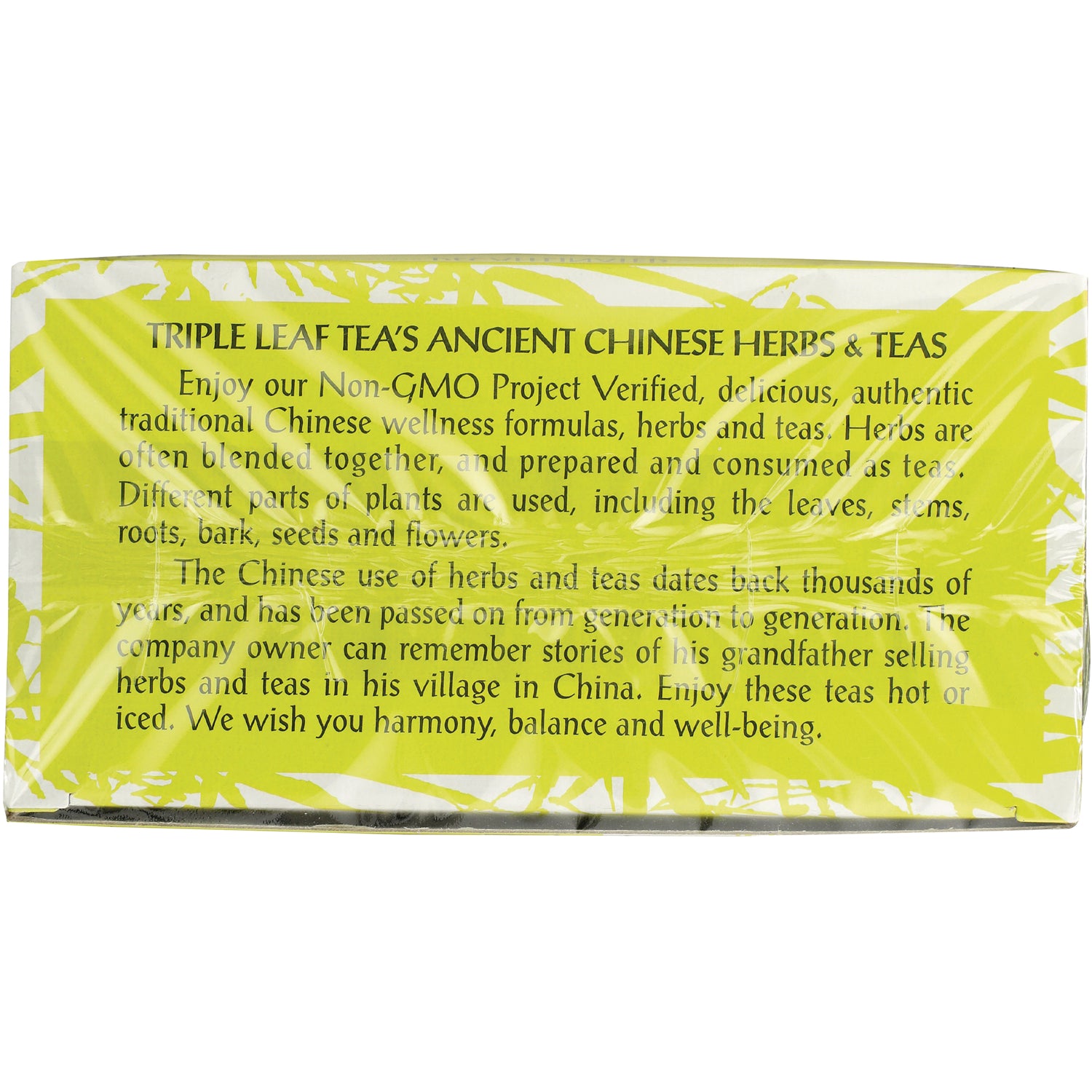 TLT010 | Triple Leaf Tea box side panel text: Ancient Chinese Herbs & Teas; NonGMO Project Verified; enjoy hot or iced