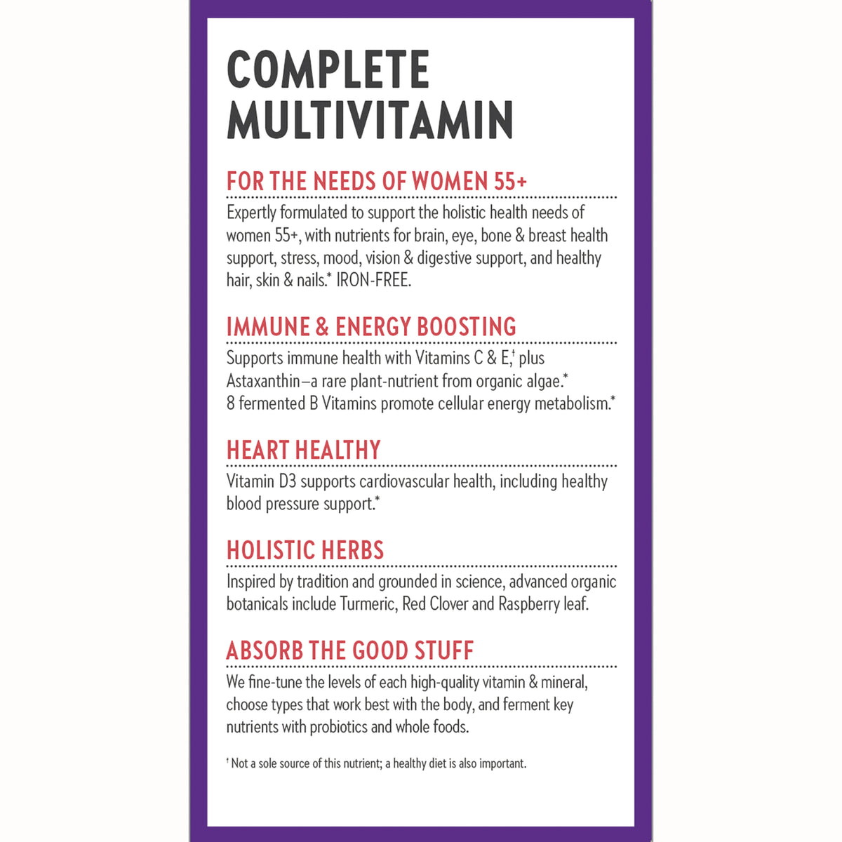 NWC318 | product infographic listing benefits for women 55+, immune and energy boosting, heart healthy, holistic herbs