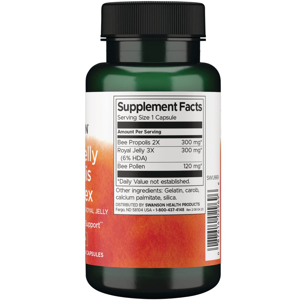 SWU969 | Supplement Facts panel: Bee Propolis 300 mg, Royal Jelly 300 mg, Bee Pollen 120 mg per capsule