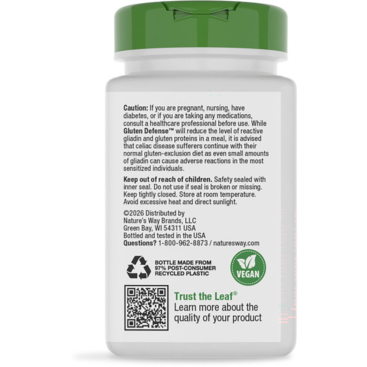 ET355 | back label of brown supplement bottle showing Helps Digest Wheat and Dairy heading, warning text and barcode