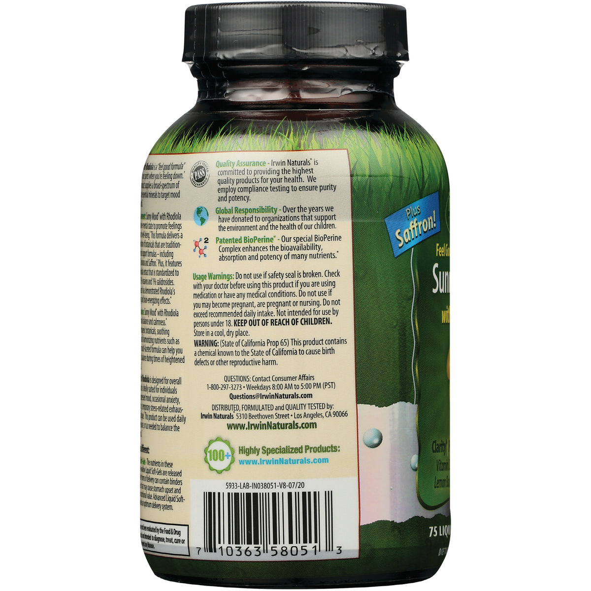 IR090 | Back label of green supplement bottle showing barcode, usage warnings, ingredients panel and packaging text Plus Saffron!