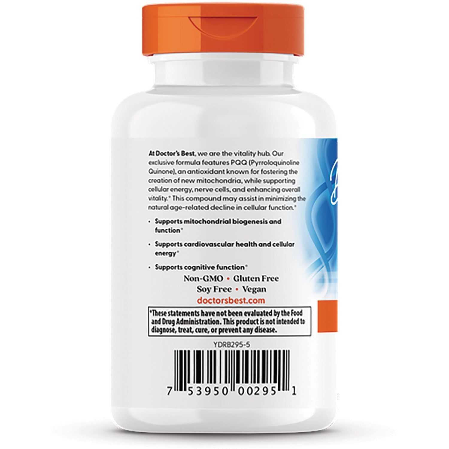 DB208 | Back label of white supplement bottle with orange cap showing product claims, non-GMO and vegan text, barcode, and doctorsbest.com