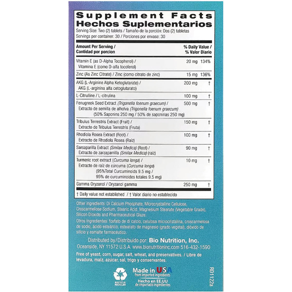 BNN016 | Back panel showing Supplement Facts table and ingredient list in English and Spanish
