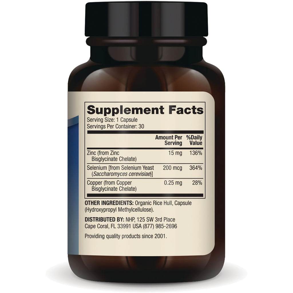 MRC102 | Supplement Facts label showing serving size 1 capsule, zinc 15 mg, selenium 200 mcg, copper 0.25 mg, other ingredients - Thumbnail