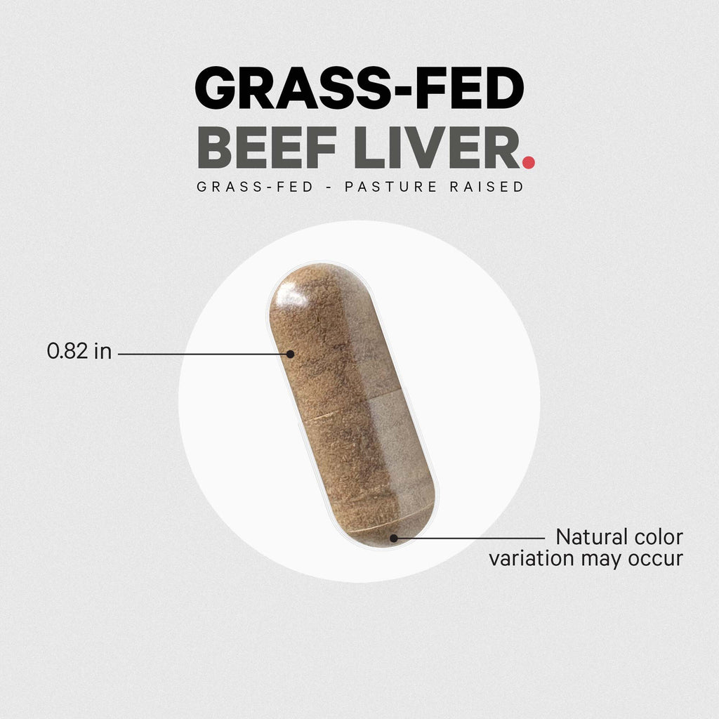 CDG023 | product infographic of a grass-fed beef liver capsule labeled 0.82 in with note natural color variation may occur - Thumbnail