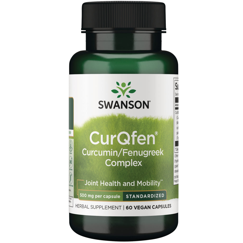 SWH233 | Four Swanson CurQfen Curcumin/Fenugreek Complex bottles front view, 60 vegan capsules each || SWH233 | Two front-facing Swanson CurQfen Curcumin/Fenugreek Complex bottles, 60 vegan capsules, 500 mg per capsule || SWH233 | three Swanson CurQfen Curcumin/Fenugreek Complex bottles front label 60 vegan capsules joint health - Thumbnail