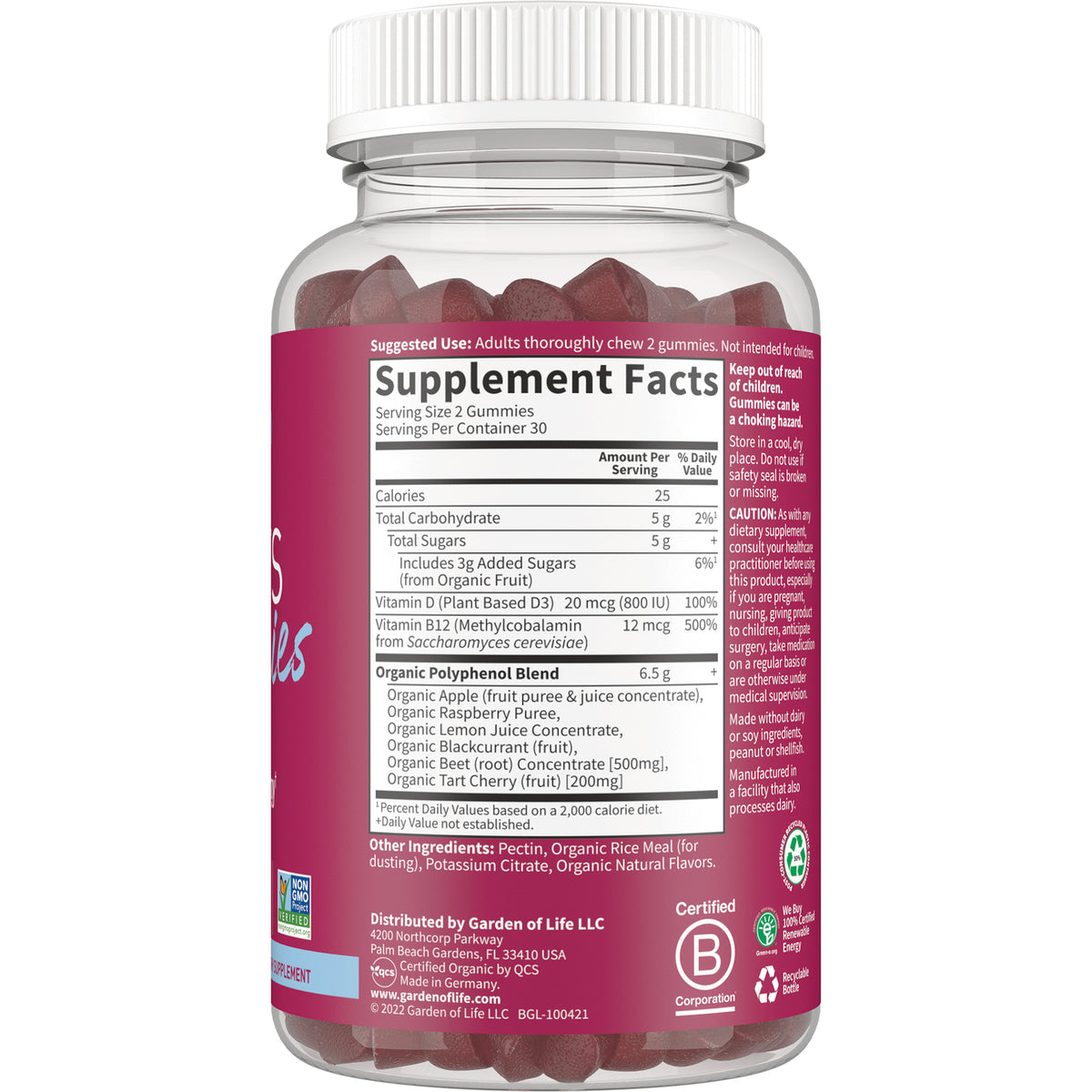 GLF347 | Back of gummy supplement bottle showing Supplement Facts panel, ingredients and usage information