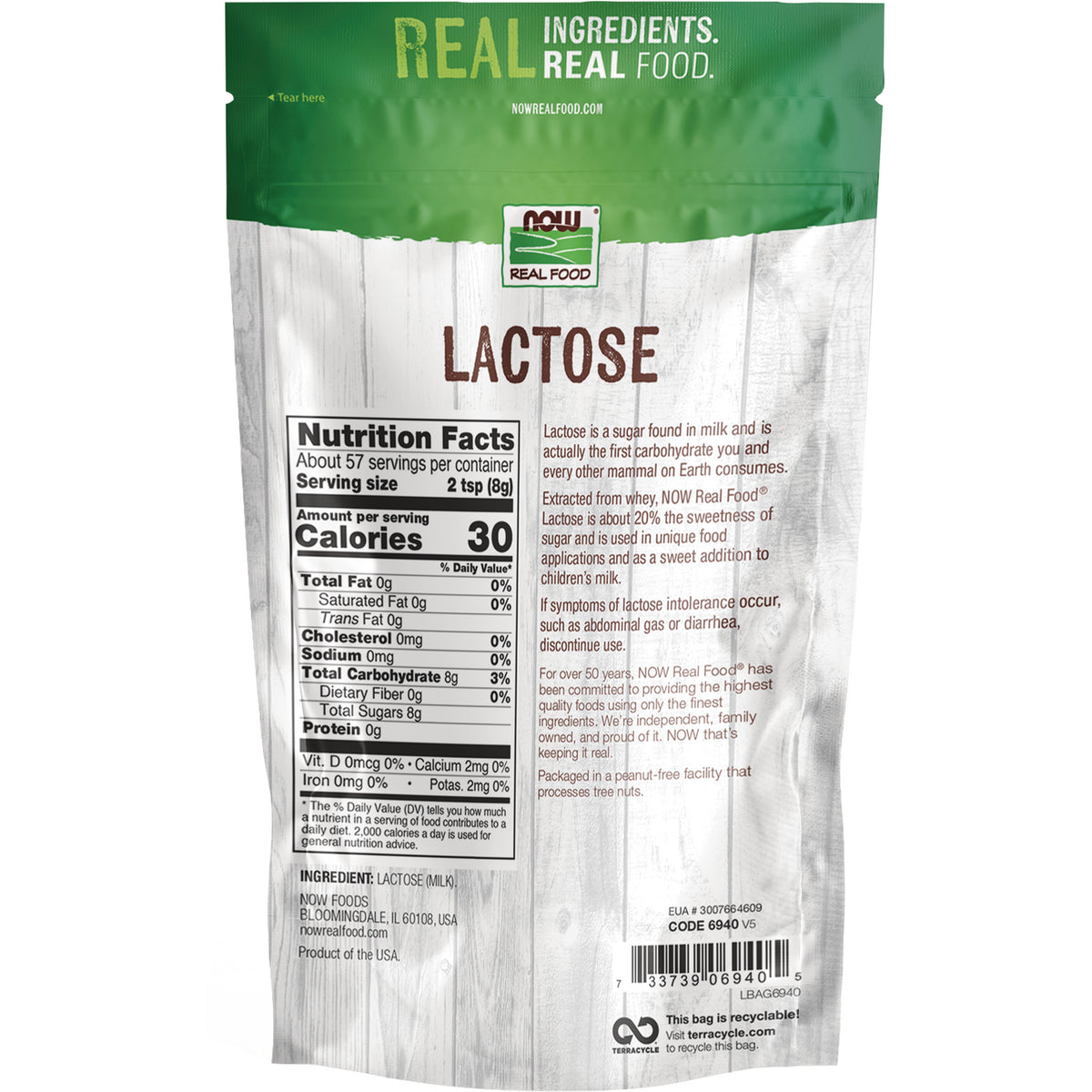 NWF373 | Back of Lactose pouch showing Nutrition Facts panel and product description