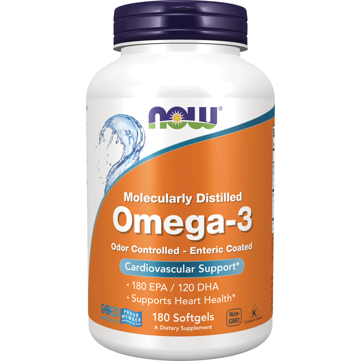NWF071 | White bottle of NOW Molecularly Distilled Omega-3 180 softgels with orange label, cardiovascular support