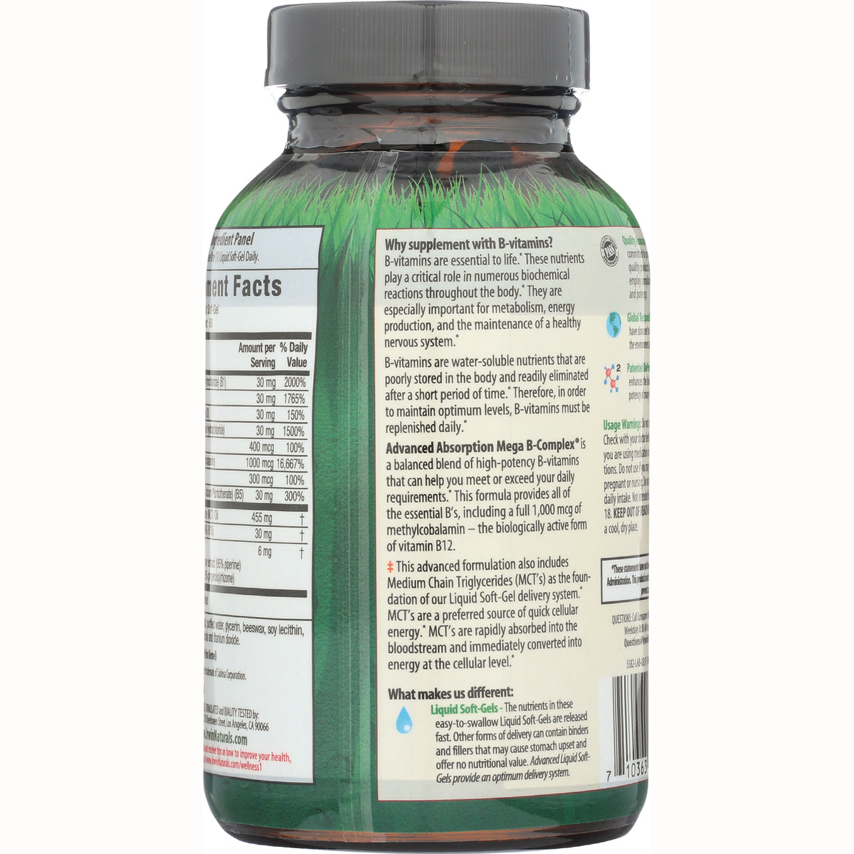 IR087 | Back label of green supplement bottle showing Supplement Facts and B-vitamins description