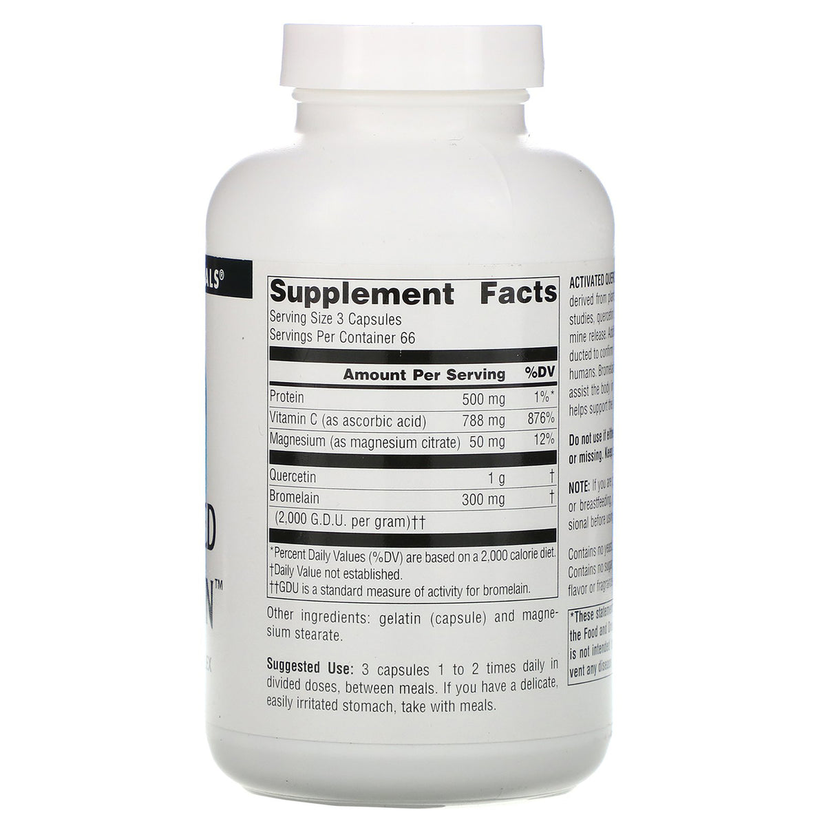 SN833 | Back label with Supplement Facts panel, serving size 3 capsules, servings per container 66
