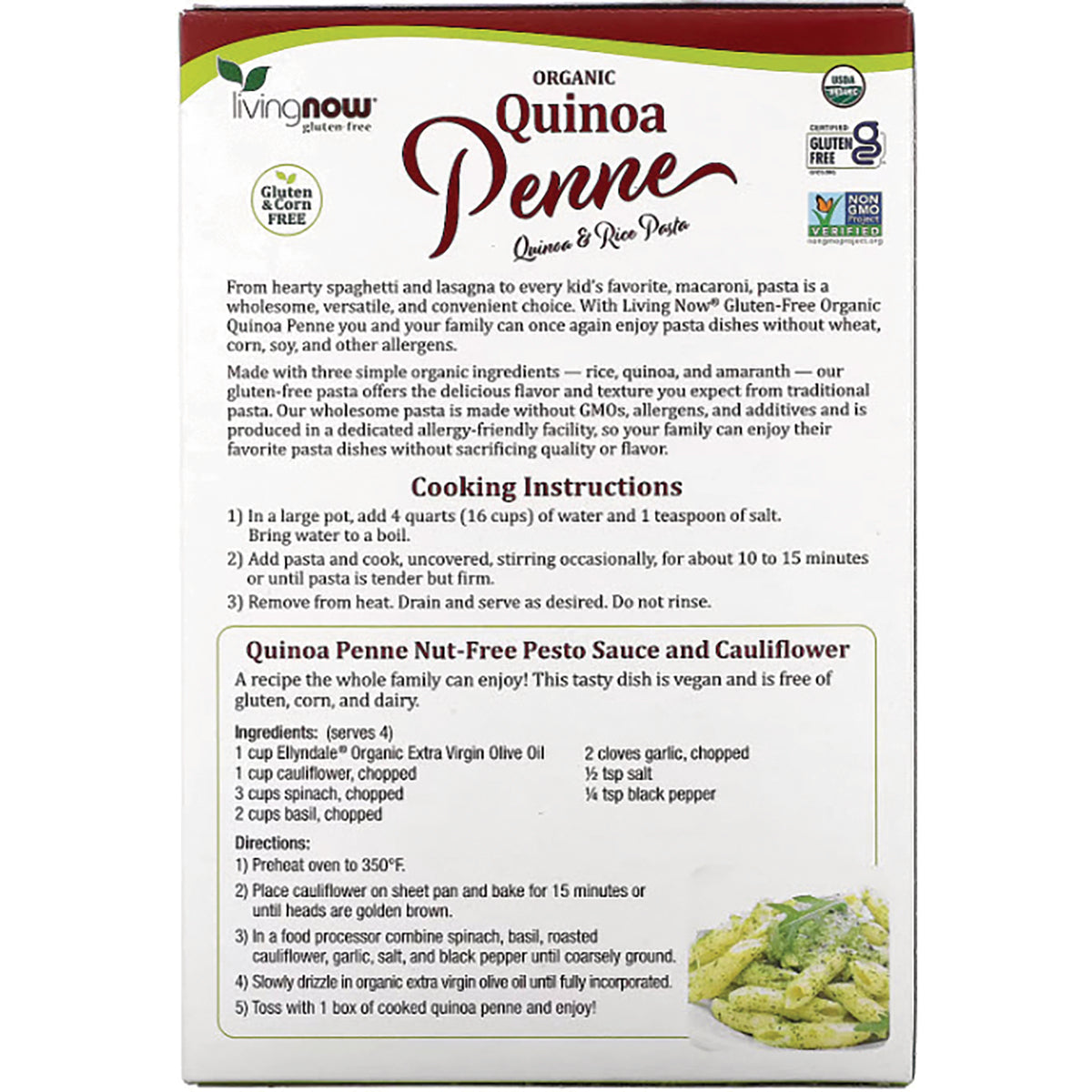 NWF1269 | Back panel infographic for Organic Quinoa Penne with cooking instructions and pesto recipe