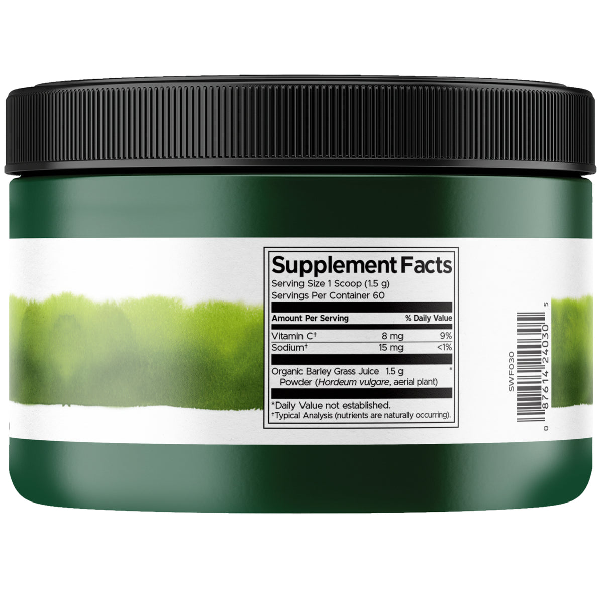 SWF030 | Back label with Supplement Facts panel and barcode on green powder supplement jar