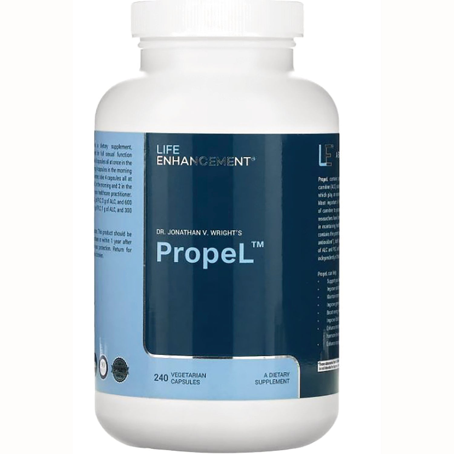 LEN002 | White supplement bottle with blue label reading Propel by Life Enhancement, 240 vegetarian capsules