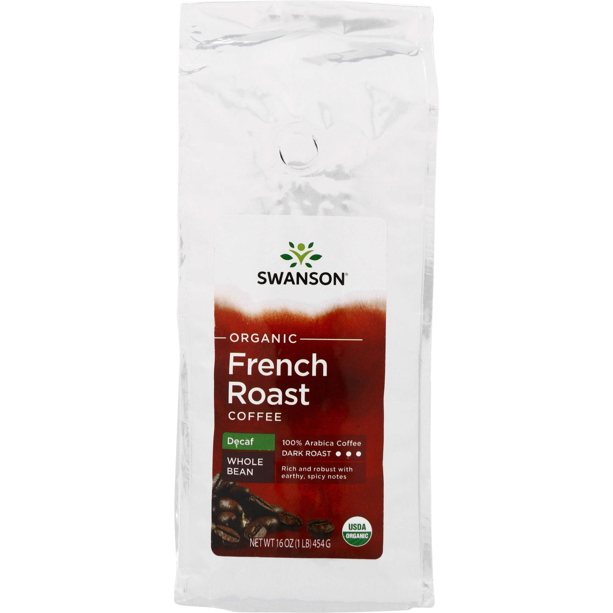 SWF089 | Swanson Organic French Roast Coffee Decaf Whole Bean, Dark Roast, 100% Arabica, USDA Organic, 16 oz bag