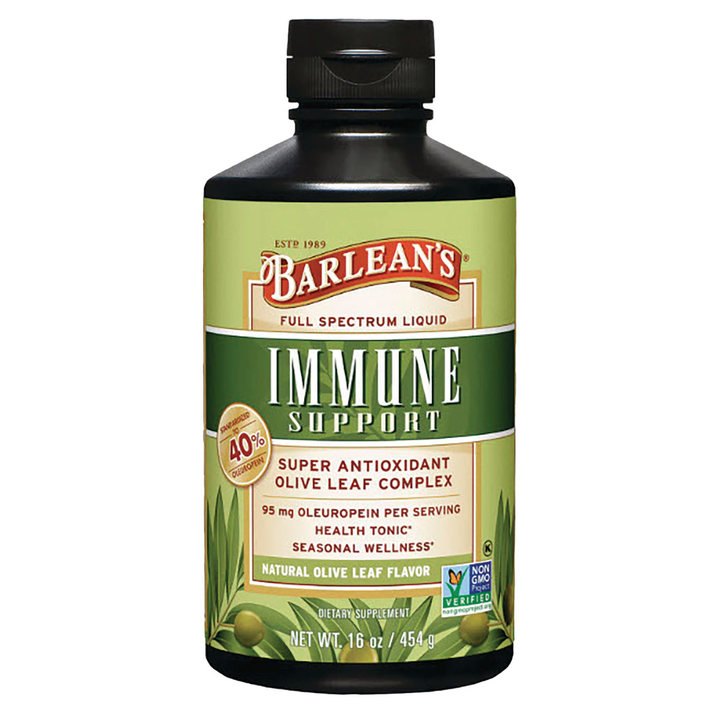 Barlean's IMMUNE SUPPORT full-spectrum liquid bottle labeled Super Antioxidant Olive Leaf Complex, 16 oz - Thumbnail