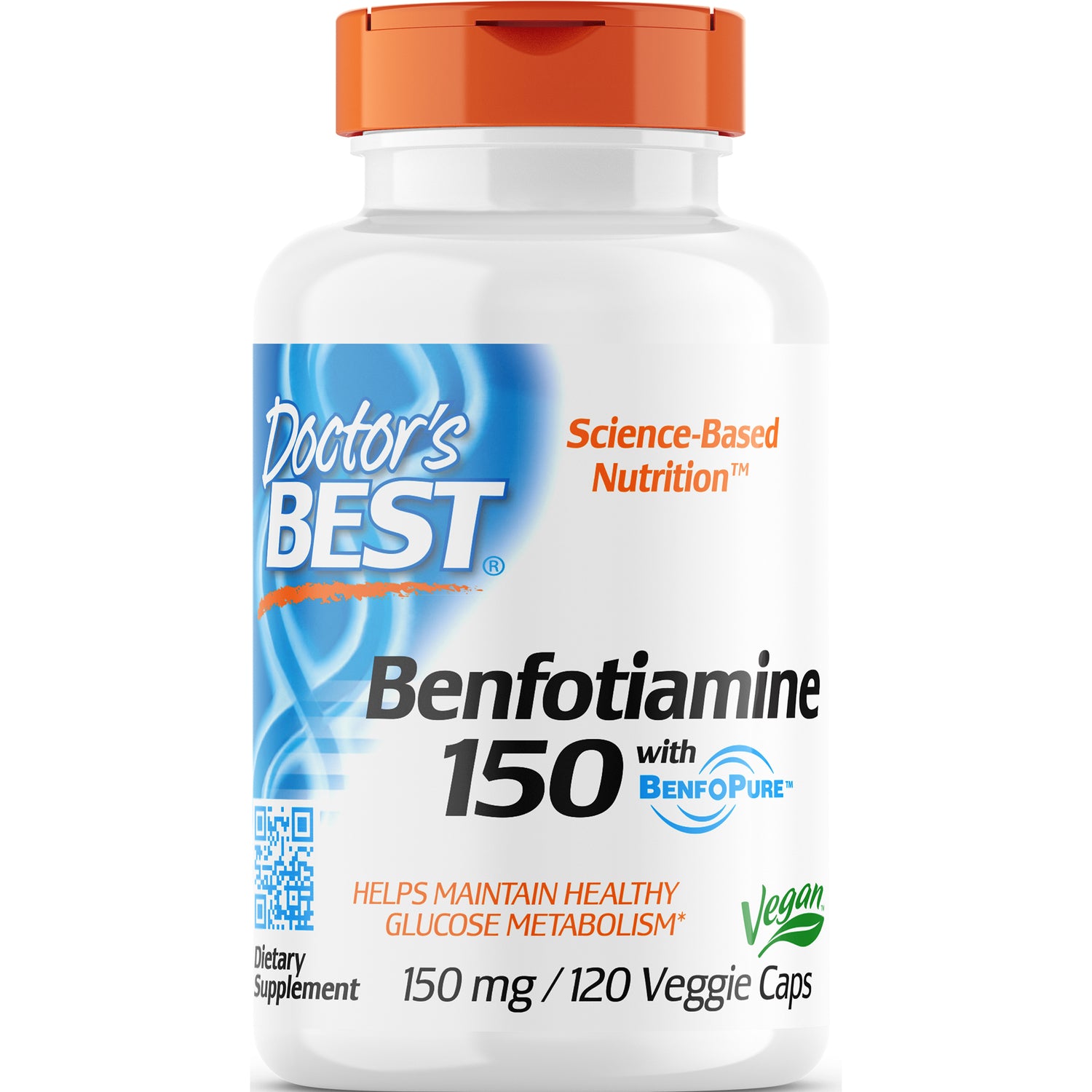DB072 | Doctor's Best Benfotiamine 150 mg bottle, front label showing BenfoPure logo, 120 veggie caps, vegan