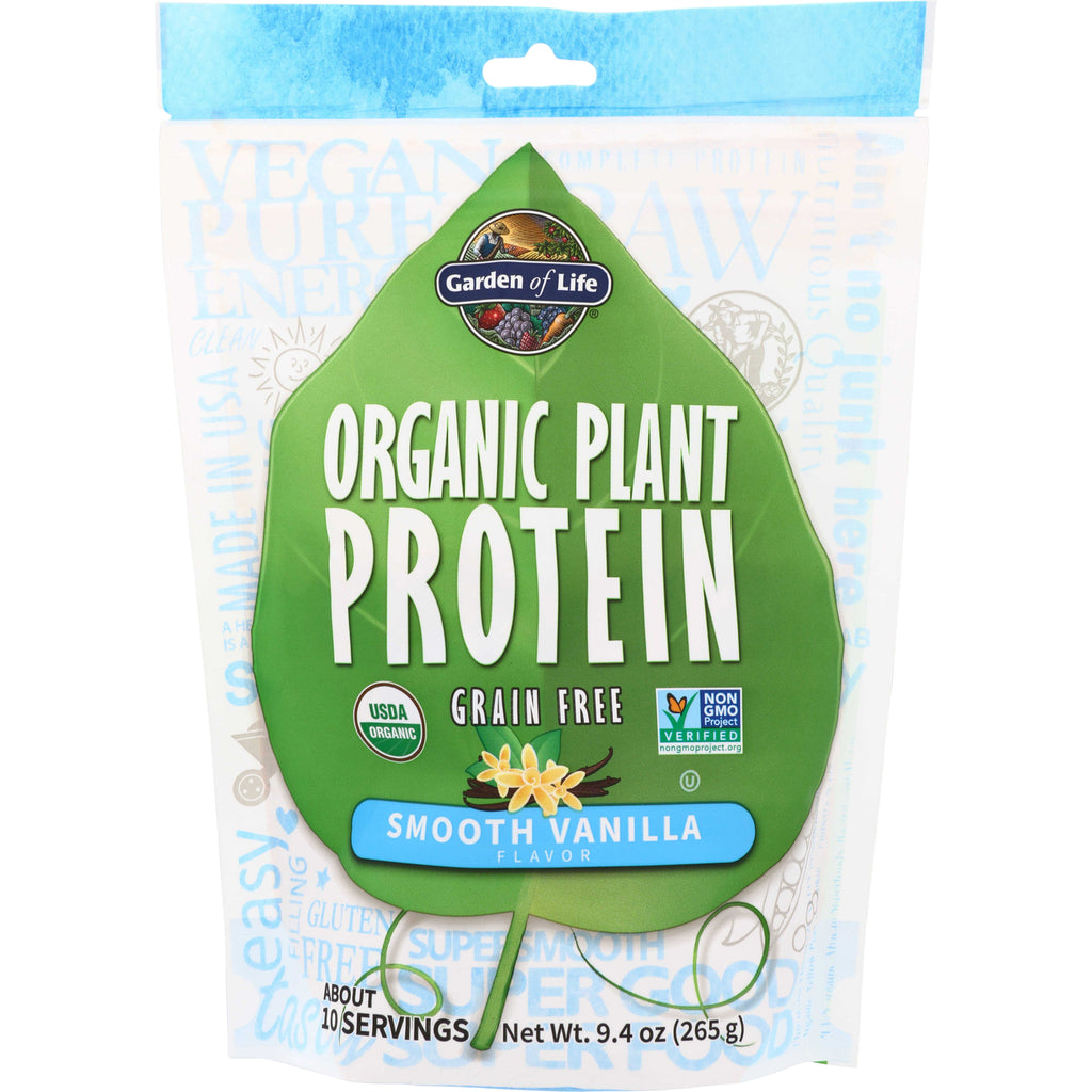 GLF188 | Garden of Life Organic Plant Protein, Smooth Vanilla flavor, grain free, 9.4 oz bag front - Thumbnail