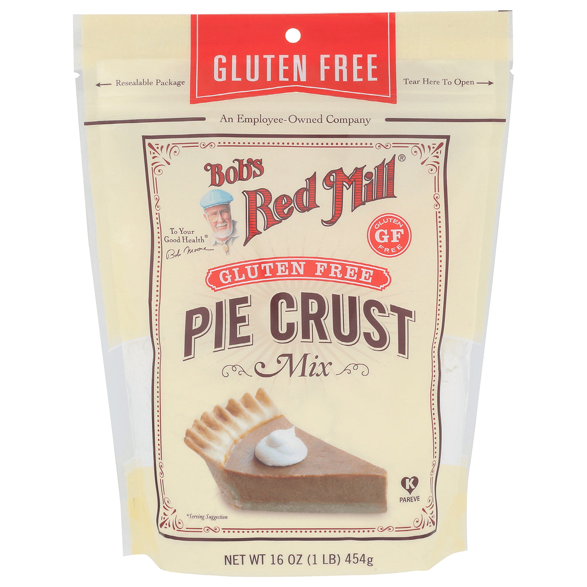 BOB457 | Bob's Red Mill gluten free Pie Crust Mix pouch showing brand logo and a slice of pie