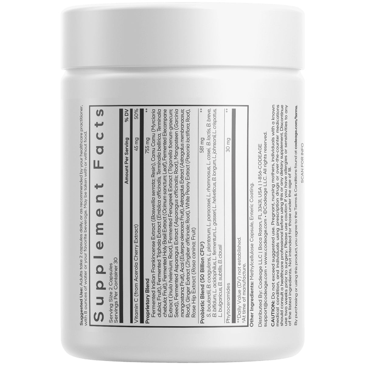 CDG053 | back of white supplement bottle showing supplement facts and ingredients label