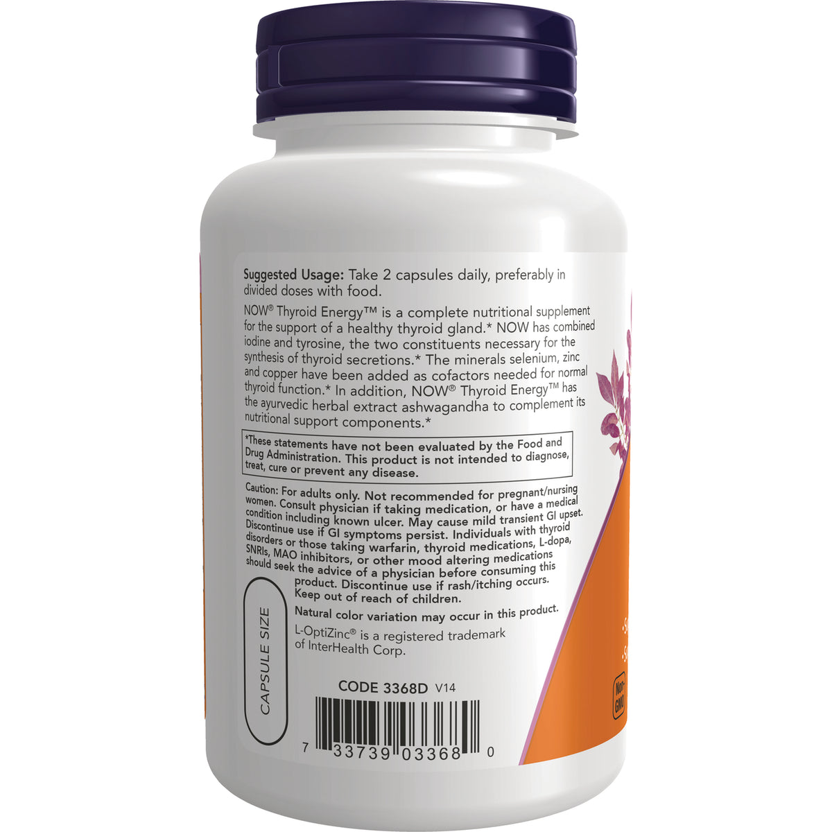 NWF104 | back of white supplement bottle showing suggested usage, caution text, and barcode