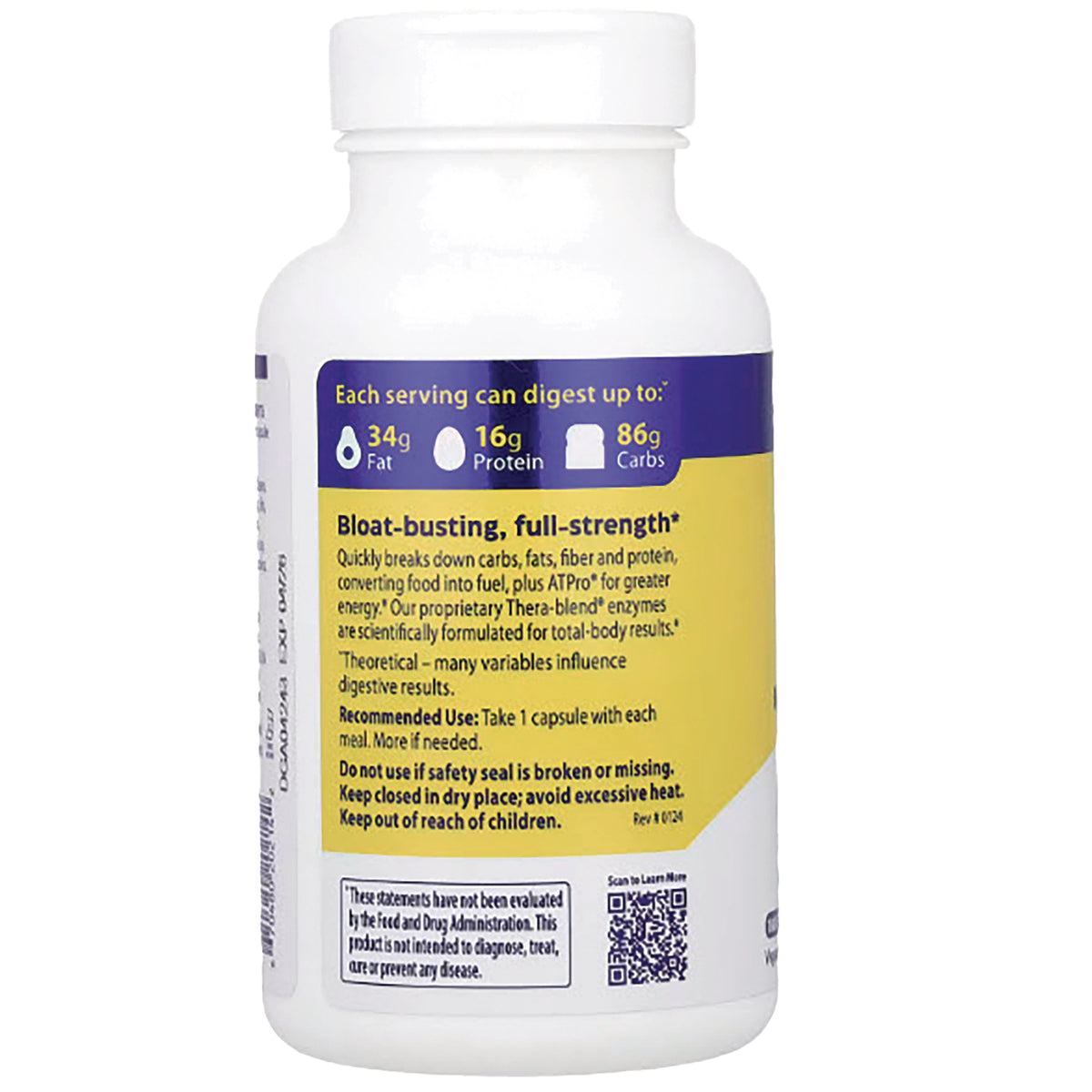 EMD011 | back label product infographic on white supplement bottle showing digestion claims, recommended use and QR code