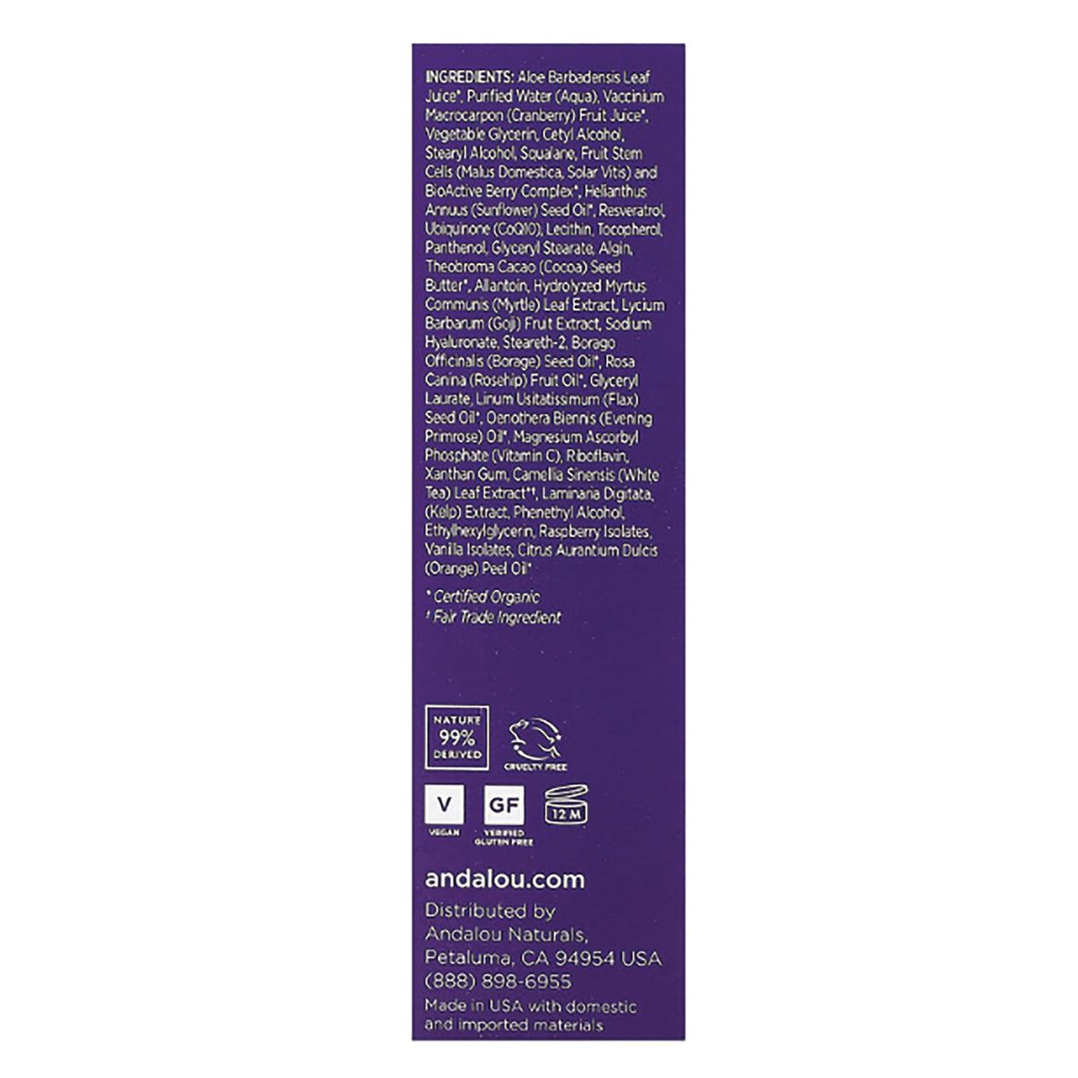 ADN006 | Back label with ingredients list, vegan and gluten-free icons, and andalou.com