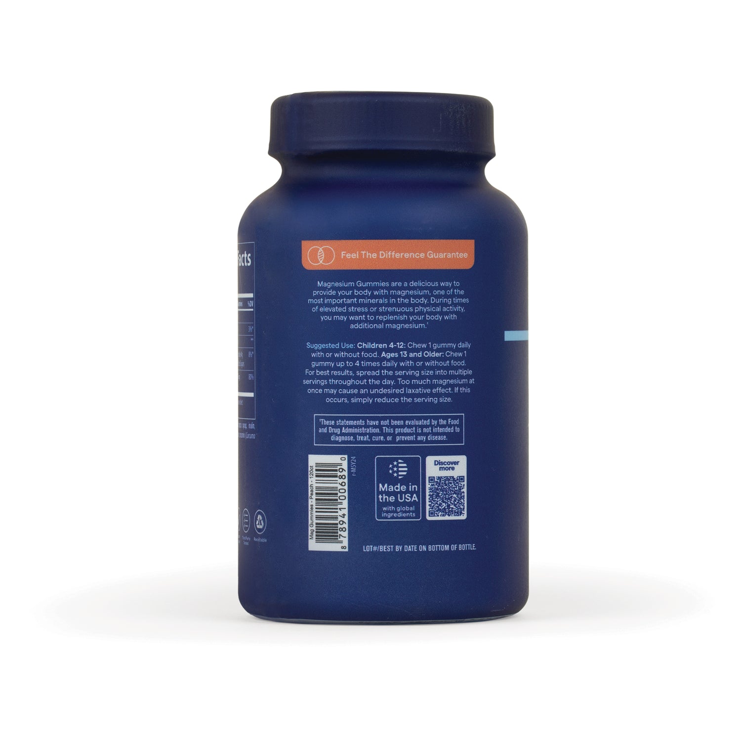 TM138 | Back label of magnesium gummies bottle with directions, QR code, and Made in the USA badge