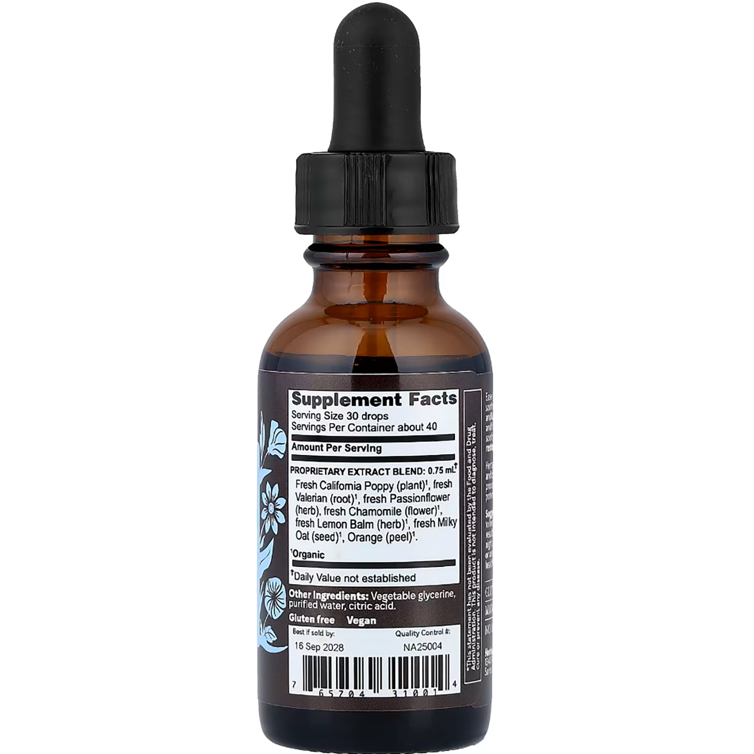 HE104 | back of amber glass dropper bottle showing label with suggested use, ingredients, and #1 Seller badge