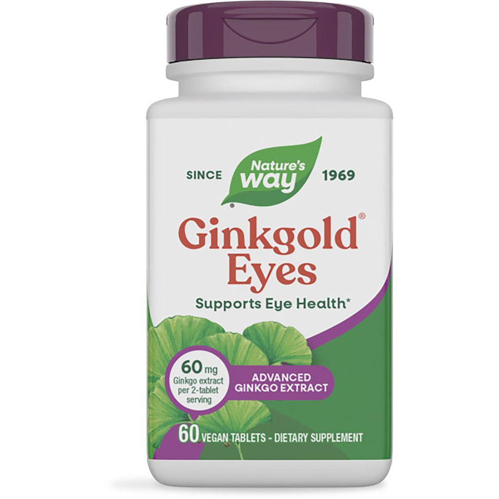NW681 | Nature's Way Ginkgold Eyes supplement bottle front label showing 60 vegan tablets, plant powered - Thumbnail