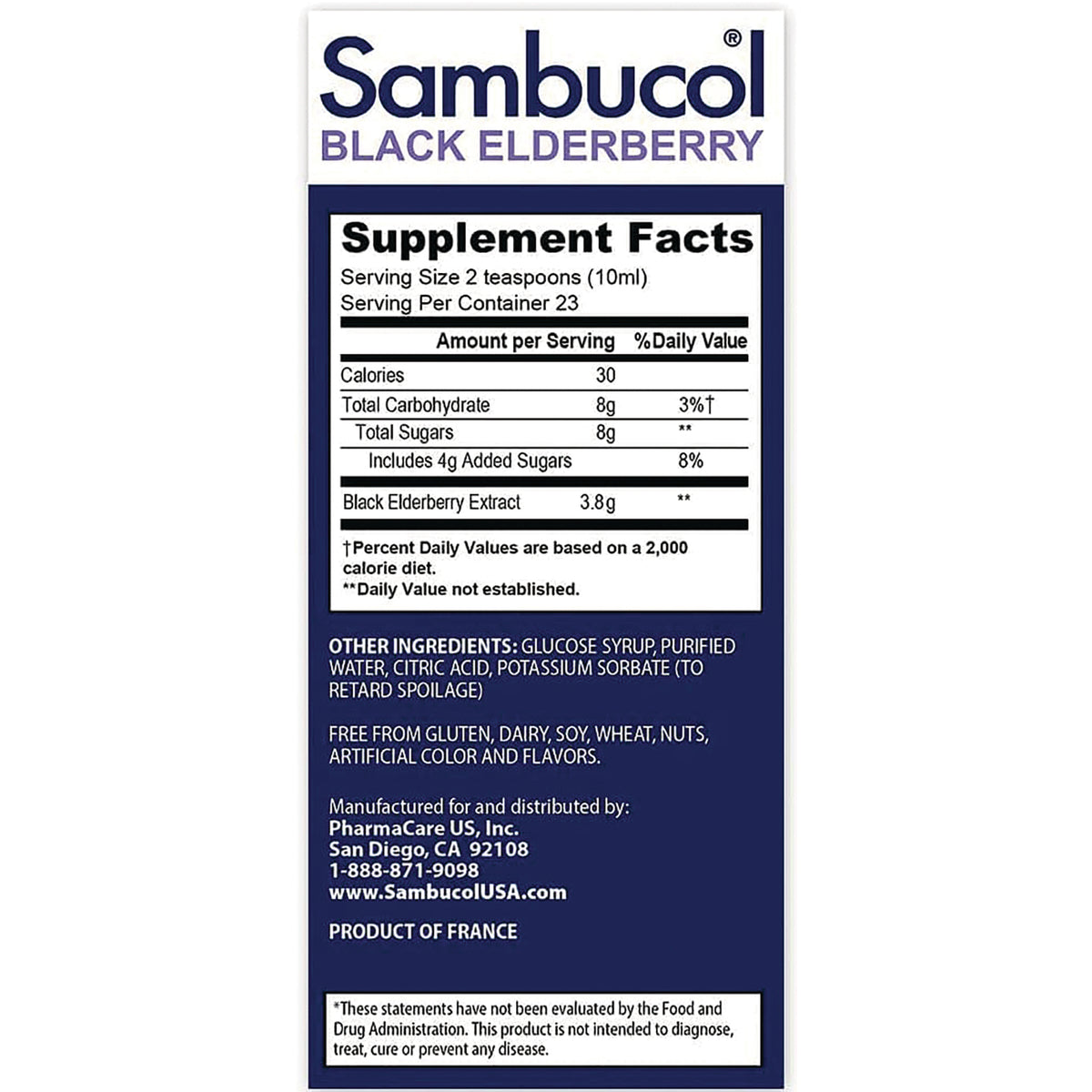 SMB002 | Sambucol Black Elderberry back label with Supplement Facts and other ingredients