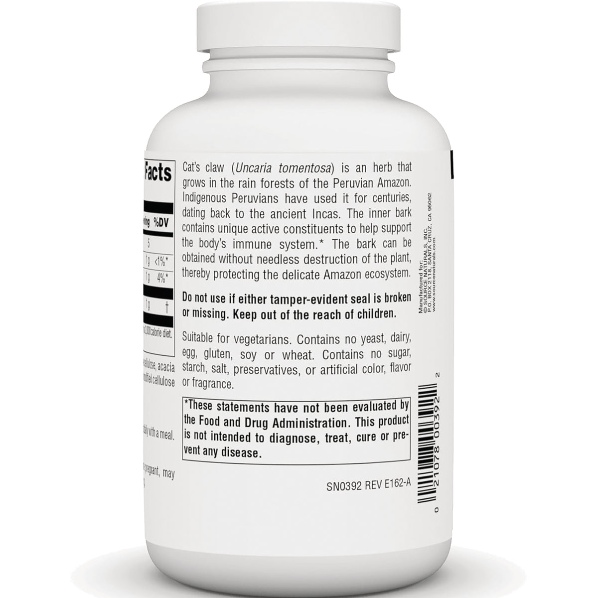 SN233 | Back label with Supplement Facts, cats claw description, warning text, and barcode